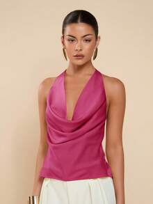 COSMINA Blusa de mujer de unicolor con diseño de nudo en el frente y cuello halter, versátil y sexy - Rosa Fucsia - Ver 4