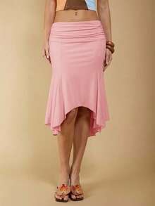 COSMINA Falda marrón elegante y asimétrica con drapeado, adecuada para primavera y verano - Rosa - Ver 7