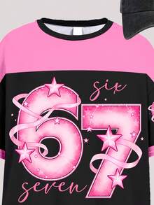 少女休闲撞色趣味数字67蝴蝶结星星印花宽松短袖T恤，运动风，适合夏季穿着 - 彩色 - 查看 5