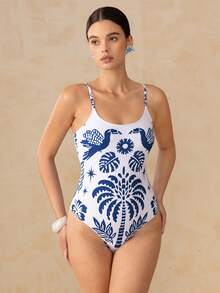 Swim Oasis Bộ đồ bơi liền thân in họa tiết nhiệt đới dành cho nữ, kèm quần, thích hợp cho kỳ nghỉ biển. - Màu xanh hải quân - Xem 5