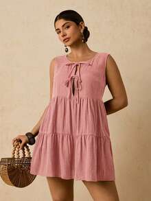 Travachic Plus Size Casual Versatile Black Cotton Front Tie Bow Sleeveless Short Dress - Pink - View 3