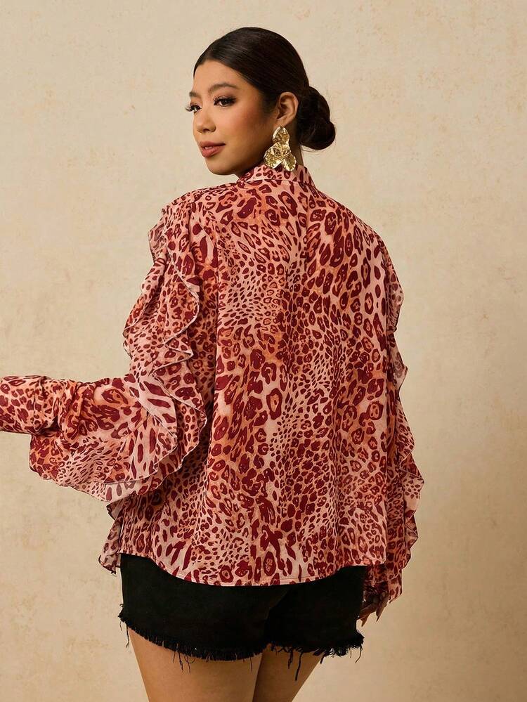 Travachic Áo kiểu dài tay in họa tiết da báo bằng vải chiffon cỡ lớn dành cho nữ, áo sơ mi in họa tiết da báo với viền bèo nhún. - trái cam - Xem 2