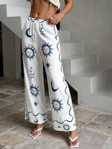 Aloruh Vacation Print Elastic Waist Straight Leg Casual Pants - Blue and White - View 1