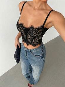 Aloruh Damen Spitzen-Trägerhemd Sexy Schwarzes Trägershirt - Schwarz - Übersicht 7