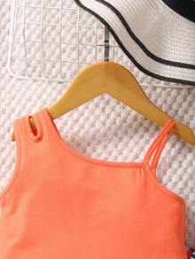 SHEIN Setelan 2 Potong untuk Liburan Anak Perempuan: Atasan Camisole Leher Asimetris Warna Polos dan Celana Panjang Lebar Motif Tropis - Jeruk - View 5