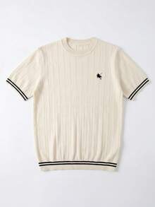 Airaco 夏季庆典季男士刺绣米色条纹针织Polo衫，街头休闲舒适装扮 - 杏色 - 查看 4