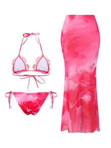 Swim SXY 三件套印花挂脖三角比基尼套装，系带泳裤，时尚优雅泳装 - 彩色 - 查看 7