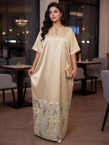 SHEIN Autumn And Winter Elegant Modest Gold Dress V Neck Plus Size Solid Color & Printed Patchwork Short Sleeve Dress Long Summer Dress For Women Yellow New Year's Dress Plus Size Dress Women Church Dress Christmas Dress Elegant Dresses For Women Wedding Party Dress Abayas Dubai Luxury Zeylah Dress Najma Dress Modest Sets For Women Sparkly Dress Floral Dress Sparkly Dress - Apricot - View 3