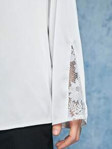 ROMWE MEN Street Life Men's V-Neck Contrast Lace Long Sleeve Fashionable Shirt - White - View 2