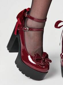 ROMWE Kawaii Women's Sexy Platform Mary Jane Shoes With Lace Bow Embellishment At The Back; Stylish Double-Strap Adjustable Back Strap With Buckle For Spring And Autumn; Perfect For Parties, Outings, And Dates. Y2K 2000s Style - Burgundy - View 3