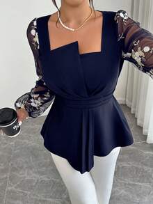 Cravure Blusa elegante de talla grande para mujer con cuello asimétrico, cintura ceñida, línea A, tela de malla con parches bordados, para otoño/invierno - Azul Marino - Ver 3