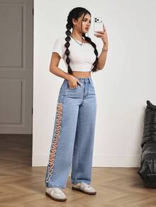 SHEIN PETITE 女士高腰口袋仿珍珠链条镂空阔腿牛仔裤 - 藍色 - 查看 6