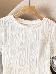 Resyla 女士休闲百搭纯色纹理T恤，夏季 - 白色 - 查看 6