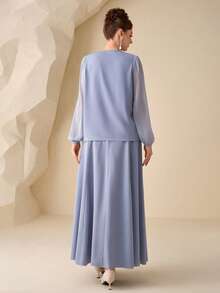 Modelyn 2pcs Blue Elegant Draped Neck Long Sleeve Outfit For Women Dress Modest Long Sleeve Elegant Dress - Blue - View 2