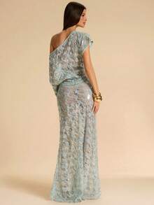 SHEIN BAE 彩色蕾丝透视不对称肩部上衣，优雅夏季上衣，适合夜店、外出、海滩、工作/办公室、商务休闲等场合。 - 綠色 - 查看 2