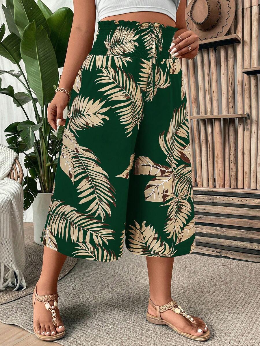 Breezaya Plus Size Women Leaf Print Casual Versatile Wide Leg Pants For Daily Wear - Dark Green - View 1