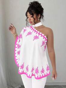 SHEIN Elenzya 大码不对称肩部系带印花衬衫 - 粉色 - 查看 3