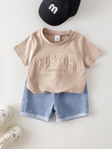 SHEIN 男婴夏季休闲字母印花T恤和浅蓝色牛仔短裤两件套 - 卡其色 - 查看 11