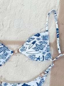 Swim Vcay 2026 Spring/Summer Adjustable Spaghetti Strap White Base Blue Underwater World Side High-Cut Pearl Buckle Splice Women Vacation Bikini Set Bikini Set Vacation Cute Bikini Seashell Bikini - Blue - View 4