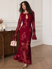 EastFlair 女士优雅花卉刺绣网纱连衣裙 - 酒紅色 - 查看 5