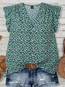 SHEIN Clasi 大码女式夏季海滩度假碎花V领荷叶边袖口衬衫 - 墨綠色 - 查看 1