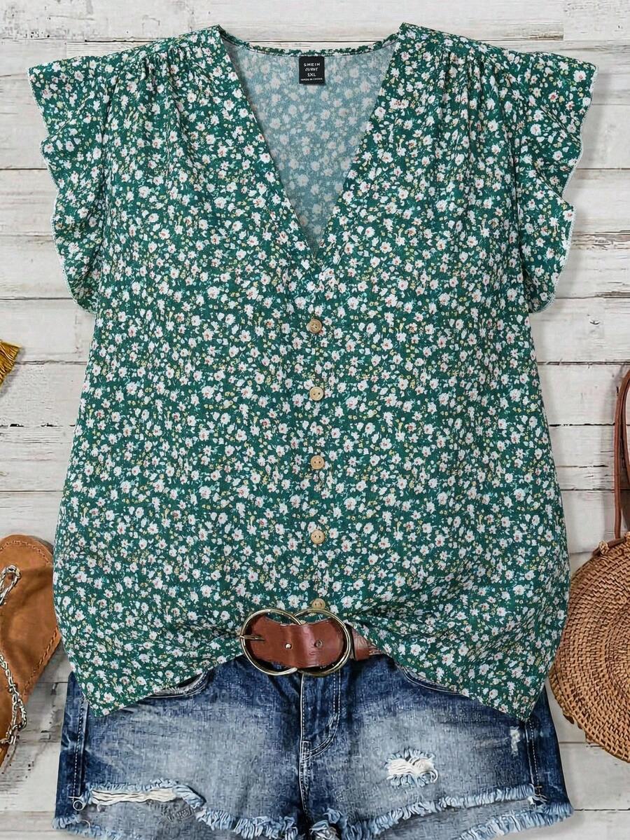 SHEIN Clasi 大码女式夏季海滩度假碎花V领荷叶边袖口衬衫 - 墨綠色 - 查看 1