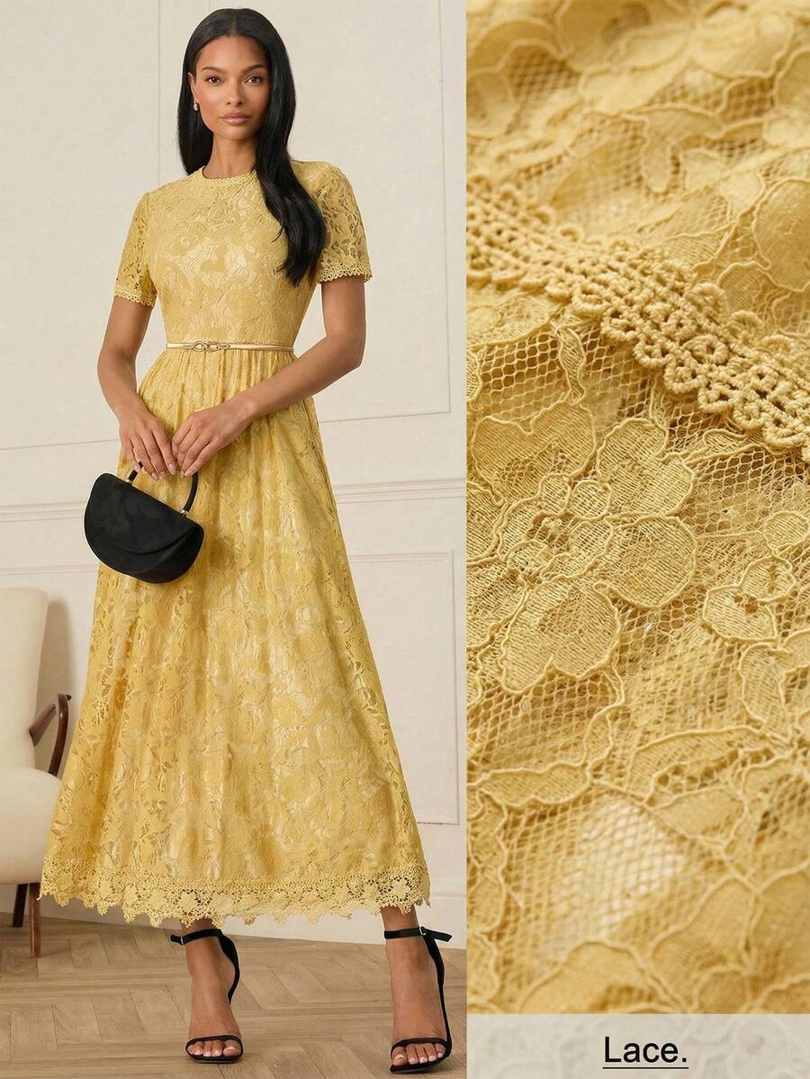 Lilora 女士优雅派对纯色蕾丝连衣裙 - 黃色 - 查看 1