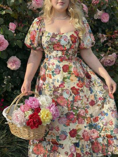 SHEIN MOD Plus Size Women Floral Print Square Neck Puff Sleeve Tie Waist Midi Dress,Beige Polyester Floral Print Puff Sleeve Midi Dress Square Neck Lace Up Waist A Line Silhouette Romantic Style Spring Summer Garden Outdoor Casual Daywear Lightweight Woven Fabric