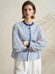 Airaco Women's Striped Round Neck Long Sleeve Single-Breasted Casual Pocket Shirt - Blue - View 3
