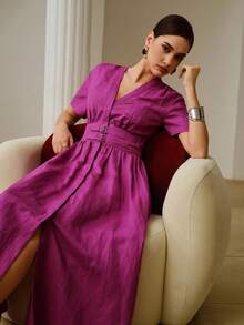 ZEYLAH Đầm midi tay ngắn bằng vải lanh, cổ chữ V sâu, trang trí khóa kim loại ở eo. - Màu tím - Xem 7