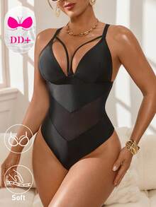 Swim DD+ Women's Mesh Patchwork One-Piece Swimsuit, Casual Beach Vacation - Black - View 3