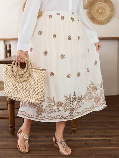 Lacomfia Plus Size Embroidered Layered A-Line Elegant Casual Skirt For Women