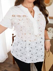 Lacomfia Chemise décontractée pour femmes grandes tailles, manches courtes, couleur unie, jacquard, patchwork - Blanc - Voir 6