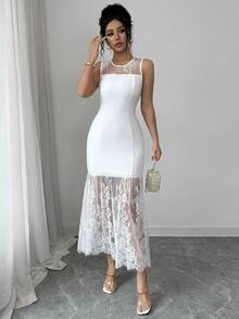 SHEIN Elenzya 优雅黑色蕾丝网纱连衣裙，时尚性感，适合日常穿着、婚礼季派对、夏季派对、海滩度假、浪漫约会，最新款式 - 白色 - 查看 3