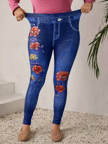 EMERY ROSE 大码印花修身休闲打底裤 - 淺藍色 - 查看 4