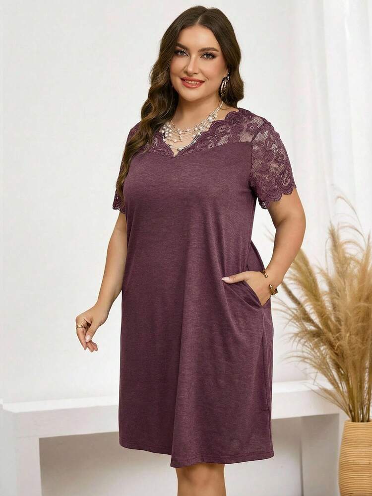 Plus Size Lace Patchwork Solid V-Neck Oblique Pocket Elegant Short Sleeve Dress
