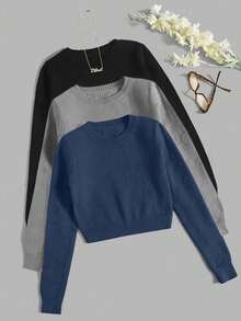 SHEIN LUNE 3pcs Casual Solid Color Cropped Sweater Set - Multicolor - View 4