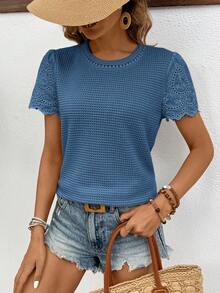 SHEIN Frenchy 女士针织提花面料拼接刺绣，透气舒适的华夫格面料，夏季休闲T恤 - 藍色 - 查看 2