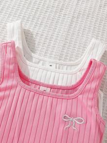 SHEIN Young Girl Bow Embroidery Ribbed Square Neck Casual Jumpsuit - Multicolor - View 3