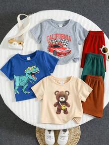 SHEIN 6pcs/Set Baby Boy Cute Summer Casual Knit Cartoon Pattern Short Sleeve T-Shirt And Shorts Set, Basic Cartoon Multi-Piece Suit, Summer Outfit - Multicolor - View 6