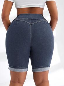 Slaydiva Plus Size Denim Baggy Elastic Waist Shorts, Fashionable For Autumn - Dark Wash - View 2