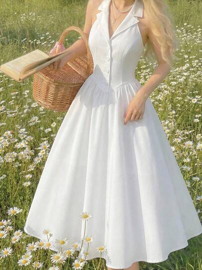 SHEIN MOD Vestido elegante de mujer con cuello de solapa blanco, abotonadura media y espalda descubierta