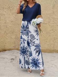 SHEIN Clasi Bộ đồ 2 mảnh phong cách Bohemian thanh lịch dành cho nữ, gồm áo cổ chữ V in họa tiết xanh trắng và quần ống đứng cạp chun, thích hợp cho kỳ nghỉ hè, trang phục thường ngày cho nữ, bộ đồ hè kín đáo cho nữ, trang phục lễ hội 2 mảnh. - Nhiều màu - Xem 6