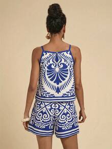 Travachic 女士度假植物印花吊带背心和短裤休闲两件套 - 藍白色 - 查看 2