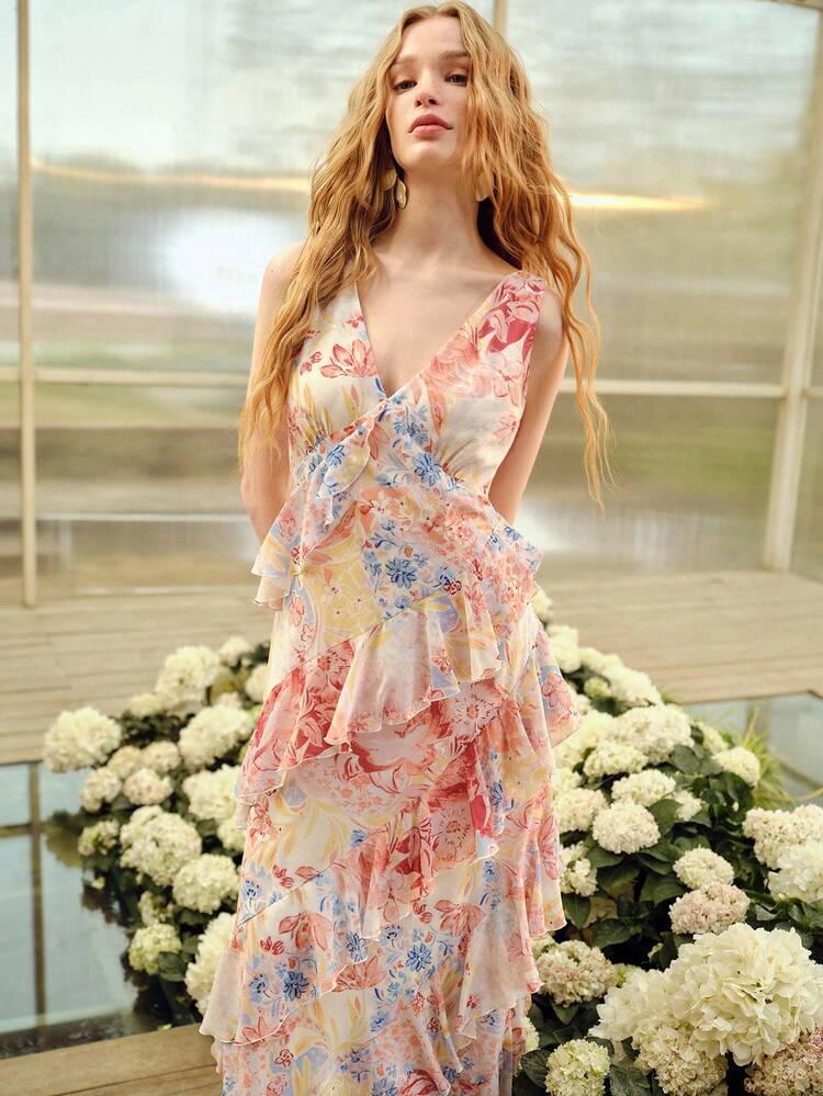 ASYMMETRIC RUFFLE HEM FLORAL PRINT SLEEVELESS DRESS, SPRING/SUMMER