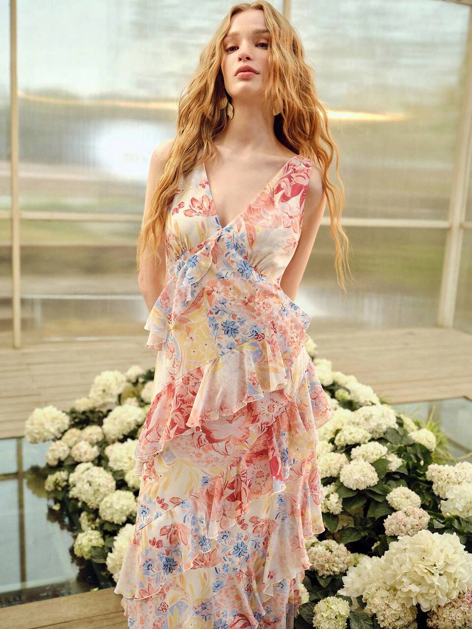 ASYMMETRIC RUFFLE HEM FLORAL PRINT SLEEVELESS DRESS, SPRING/SUMMER