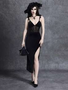 Glisette Elegantes schwarzes ärmelloses Luxus-Samtkleid, Abendkleid mit Mesh-Spaghettiträgern, Schlitzsaum und tiefem V-Ausschnitt, Gothic-Clubkleid für Damen im Herbst, für zierliche Frauen - Schwarz - Übersicht 3