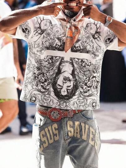 ROMWE MEN 男士动漫十字印花短袖T恤，适合日常穿着，春夏款