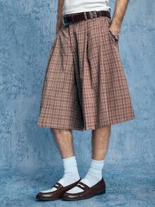 ROMWE MEN Street Life 男士钢琴格纹休闲宽松百搭短裤 - 棕色 - 查看 7