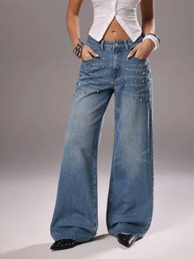 TRNVIE Y2K Fashion Casual Street Style Rivet Retro Low Waist Wide Leg Jeans - Medium Wash - View 1
